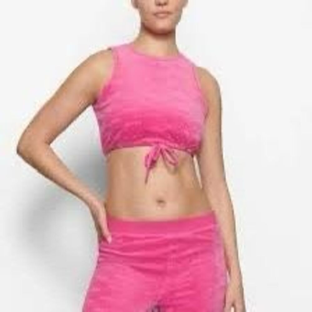 Skims Logo Hot Pink Cotton Blend Sleeveless Velour Tie Crop Tank Top Size Large